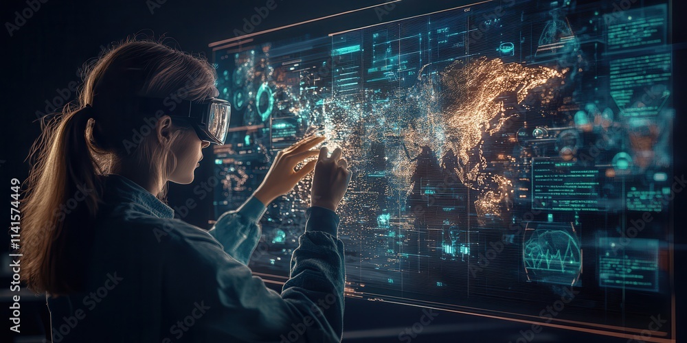 Poster A person interacts with a futuristic holographic display, manipulating a glowing world map and digital data in a high-tech environment.