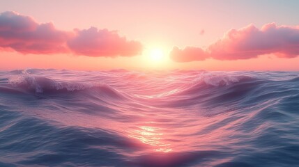 Pink sunset over gently rolling ocean waves.