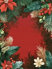Green and. red Christmas invitation cards vector design template. Floral Christmas greeting card design with flower and winter leaves frame. Vector illustration.