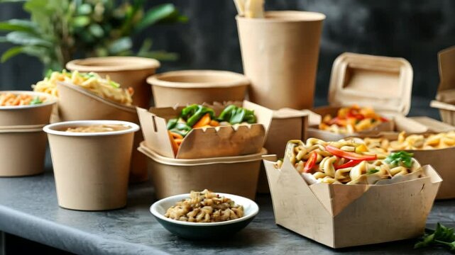 Delicious Takeout: A close-up view of a variety of takeout containers filled with appetizing dishes. The vibrant colors and tantalizing aromas of the food are sure to make your mouth water.
