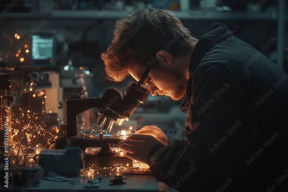 Poster a focused individual examines a circuit under a microscope, with sparks flying in a dimly lit worksh