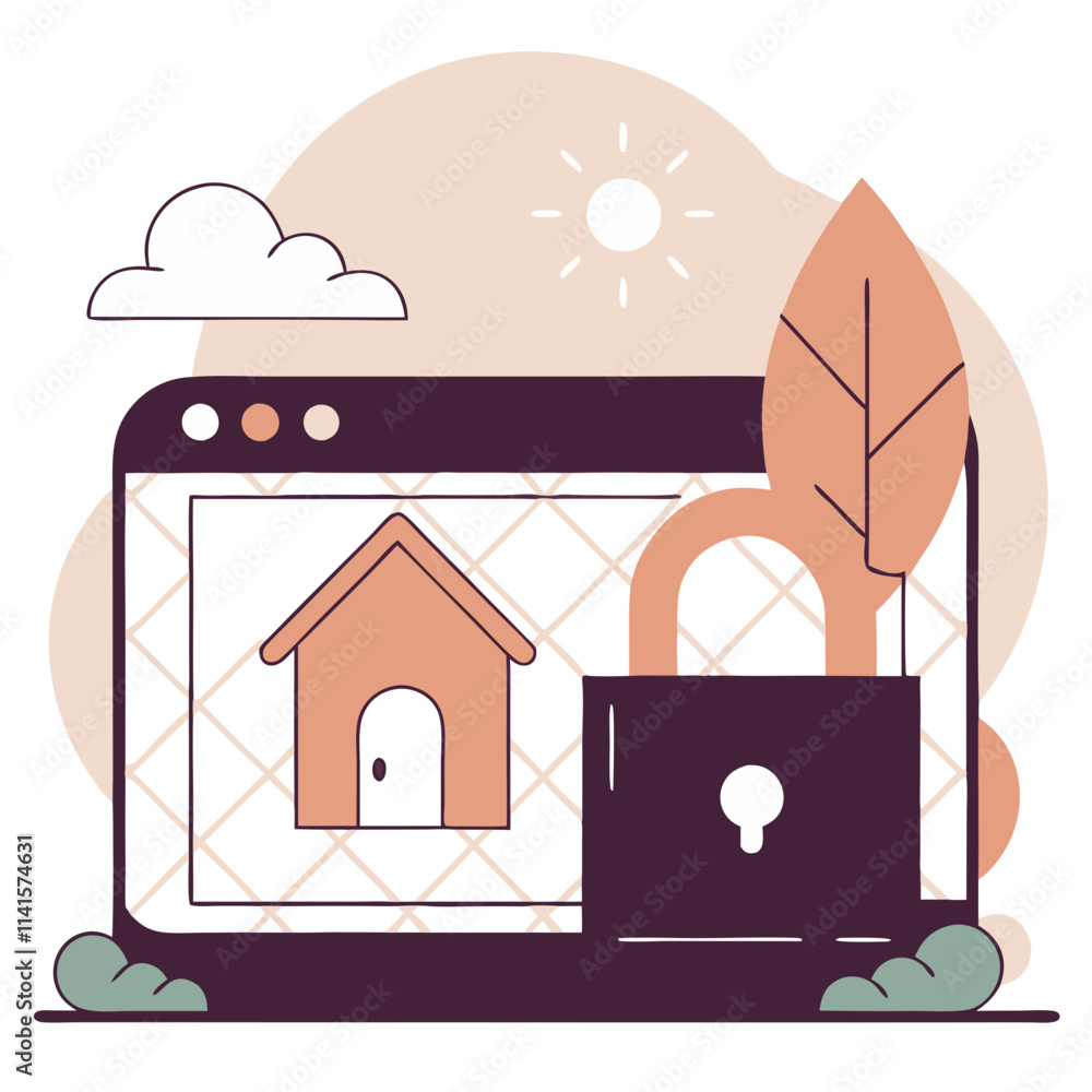 Poster vector illustration depicting a secure login process with a house icon and padlock on a computer scr