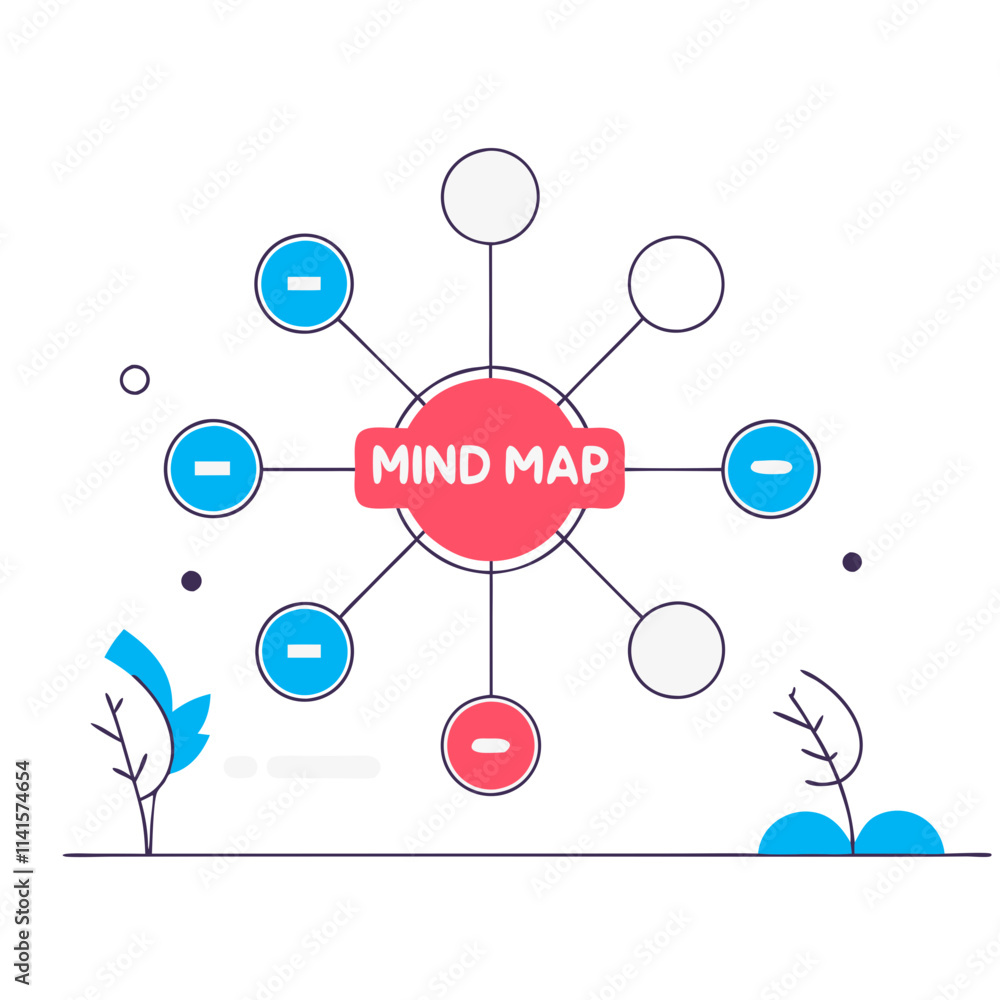 Poster mind map concept illustration showing central ideas connected to various topics for brainstorming
