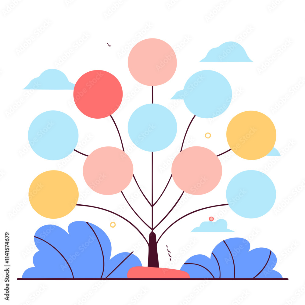 Poster mind map illustration showcasing colorful bubbles on a tree structure for creative brainstorming