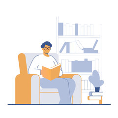 Person reading a book in a cozy living room setting with a bookshelf and houseplant nearby