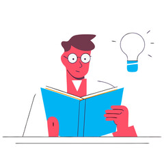 Young person reading a book while having a bright idea over their head in a minimalist illustration style