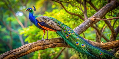 Naklejka premium Majestic Peacock Portrait in Yala National Park, Sri Lanka - Lush Greenery, Vibrant Feathers, High Depth of Field, Indian Peafowl Beauty, Nature Photography, Wildlife in Focus, Stunning Colors