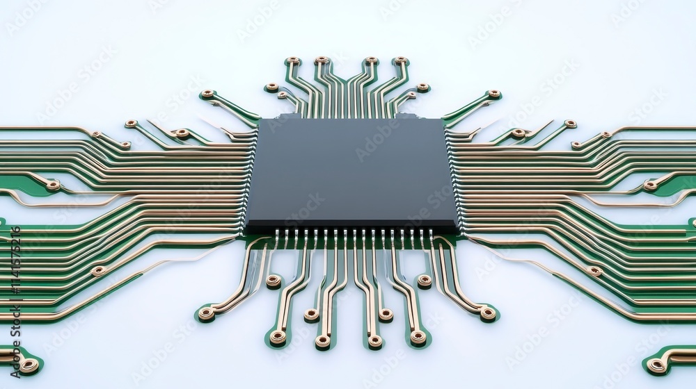 Poster a close-up of a circuit board featuring a central microchip with multiple metallic connections exten