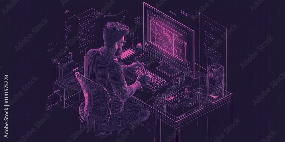 Poster A stylized digital illustration of a person working at a computer desk, surrounded by tech gadgets and a vibrant neon color scheme.