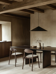 Fototapeta premium Elegant modern dining space with wooden accents and neutral tones in serene atmosphere