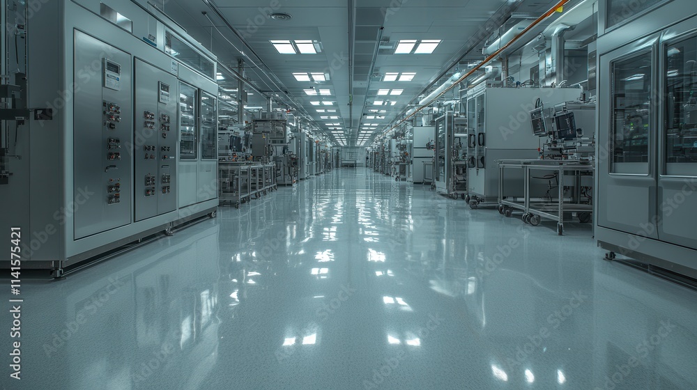 Poster a clean, high-tech corridor in a manufacturing facility, featuring rows of machines and bright light
