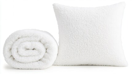 A cozy white pillow and a rolled blanket, offering comfort and warmth, perfect for home decor and relaxation.