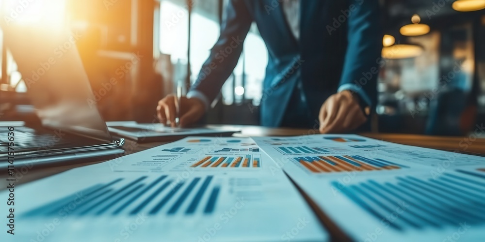 Poster A businessman analyzes financial charts and graphs on a desk, showcasing data-driven insights in a professional environment.