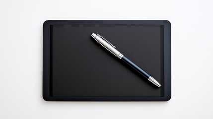 A sleek black writing tablet paired with a silver pen, perfect for digital note-taking and creative designs.