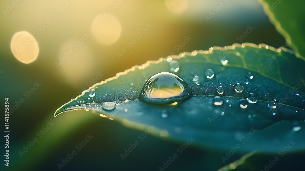 Poster Macro Close-Up of Dew Drop on Leaf in Morning Light for Serenity and Nature Theme : Generative AI