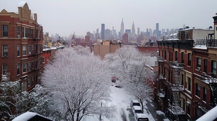 Naklejka premium Snow-covered cityscape with buildings and trees, featuring a skyline in the background.