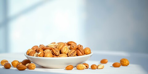 A bowl of nutritious, roasted nuts, scattered on a bright surface, bathed in soft sunlight