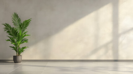 Bright and airy indoor space featuring a lush green plant near a sunlit wall