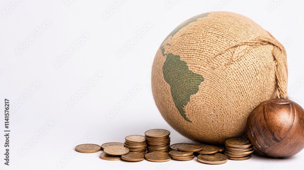 Poster a textured globe made of burlap rests beside stacks of coins, symbolizing the connection between the