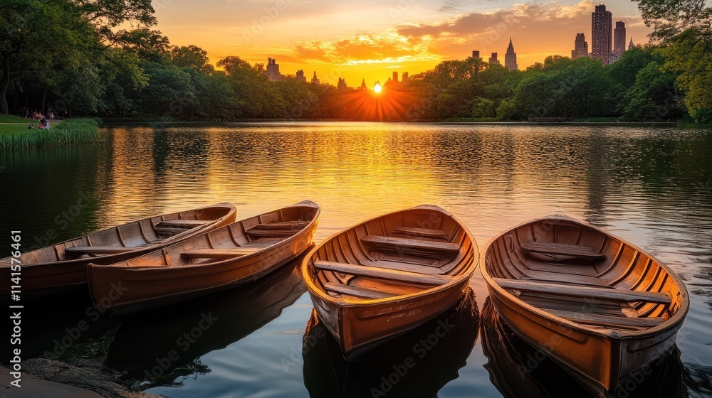 Poster sunset over a tranquil lake with rowboats in a park setting.
