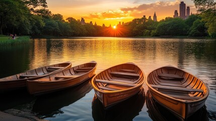 Fototapeta premium Sunset over a tranquil lake with rowboats in a park setting.
