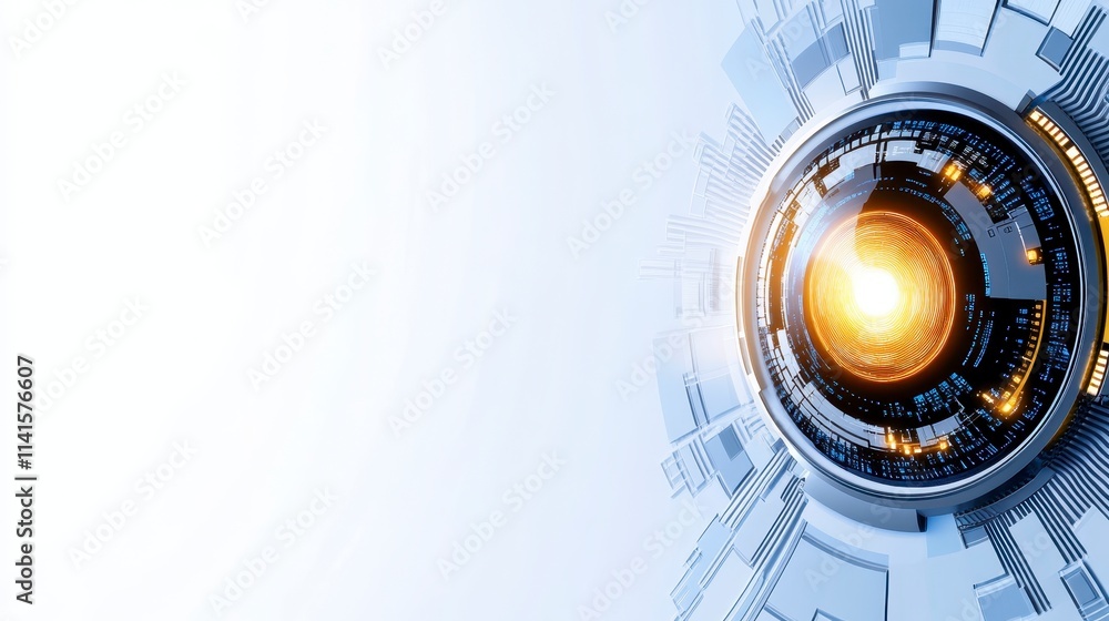 Poster a futuristic design featuring a glowing orb surrounded by intricate digital patterns and circuitry i