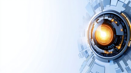 A futuristic design featuring a glowing orb surrounded by intricate digital patterns and circuitry in a light blue atmosphere.