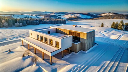 Fototapeta premium Minimalist White Building with Wooden Accents in a Serene Winter Landscape, Aerial View of Modern Architecture Surrounded by Snowy Terrain, Perfect for Design and Nature Lovers