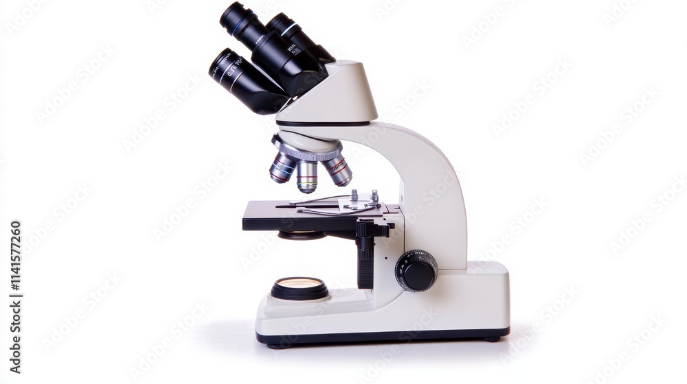 Poster a laboratory microscope with multiple lenses, designed for examining small specimens and enhancing s