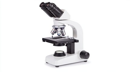 A modern microscope with dual eyepieces, designed for scientific observation and research in laboratories.