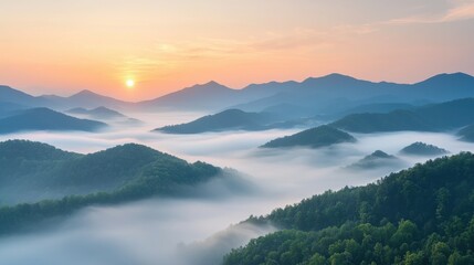 Tranquil mountain scenery with swirling mist at sunrise