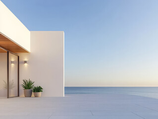 Modern seaside terrace with minimalistic design overlooking the calm ocean at sunset