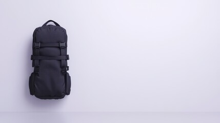 Naklejka premium A sleek black backpack is displayed against a plain white background, showcasing its minimalist design and functionality.