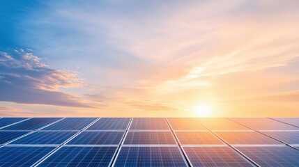 Tranquil solar farm at sunset capturing renewable energy and nature's beauty