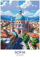 Obraz premium Sofia Bulgaria Eco Friendly Travel Poster Illustration Wall Art Decor Gift Canvas Print Retro Design