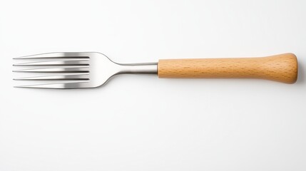 Fototapeta premium A simple, stainless steel fork with a wooden handle, placed on a clean, white background.