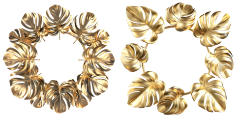 Gold monstera leaves plant frame 3d rendring isolated on a white background. Generative AI.
