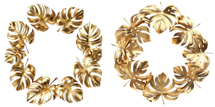 Gold monstera leaves plant frame 3d rendring isolated on a white background. Generative AI.