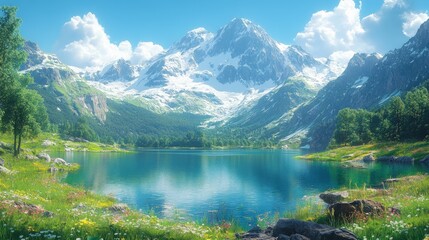 Fototapeta premium Serene alpine lake, snow-capped mountains, wildflowers.