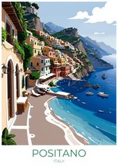 Fototapeta premium Positano Italy Eco Friendly Travel Poster Illustration Wall Art Decor