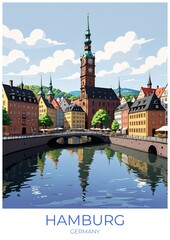 Fototapeta premium Hamburg Germany Travel Poster Eco Friendly Wall Art Decor Retro Print