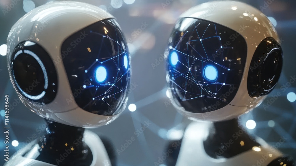 Poster two humanoid robots with glowing eyes and network patterns on their surfaces.