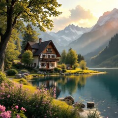 Fototapeta premium Rustic mountain charm, cozy cottage.