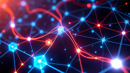 Obraz premium Abstract Network: An intricate, mesmerizing network of glowing blue and orange nodes connected by lines, symbolizing the interconnectedness of data, technology, and communication. 