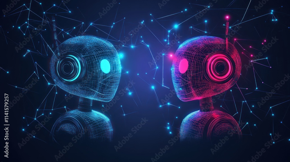Poster two stylized robot heads in blue and pink, representing technology and artificial intelligence.