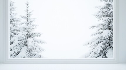 Fototapeta premium Winter serenity: snow-covered trees viewed through a window