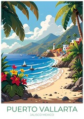 Puerto Vallarta Mexico Eco Friendly Travel Poster Illustration Wall Art Retro Decor