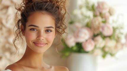 Naklejka premium Young Woman Smiling Against Floral Background. Curly Hair and Bright Eyes. Natural Makeup. Soft Light Enhancing Beauty. Close-Up Portrait. Light background. Free space for text. AI generated