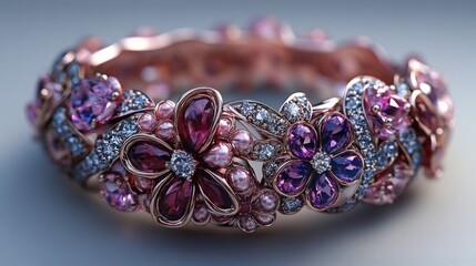 Fototapeta premium Ornate rose gold bracelet, jeweled flowers.