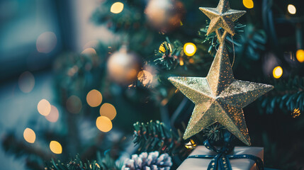 Merry Christmas theme, Christmas tree, banner，Close up of decorative christmas tree	
